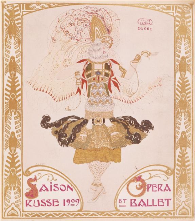 Plakat für eine 1909er Pariser Ballettvorstellung namens "Saison Russe" mit einer gemalten Tänzerin in anmutiger Pose.