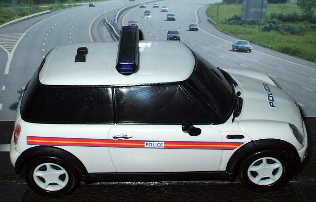 Weißer Polizeiwagen vor einer befahrenen Straße mit fahrenden Fahrzeugen, Gras und Bäumen auf beiden Seiten, aufgenommen außerhalb einer Stadt.