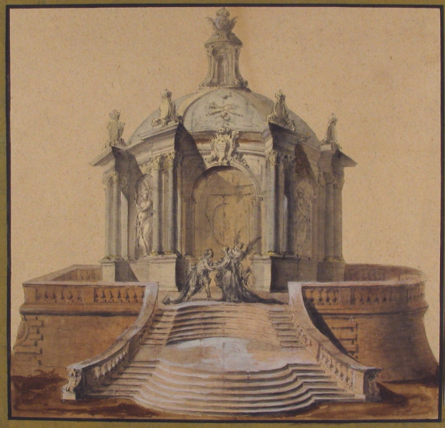 Ein gerahmtes Zeichnung eines klassische Brunnen mit einer Statue darauf, umgeben von Stufen und kleineren Skulpturen.