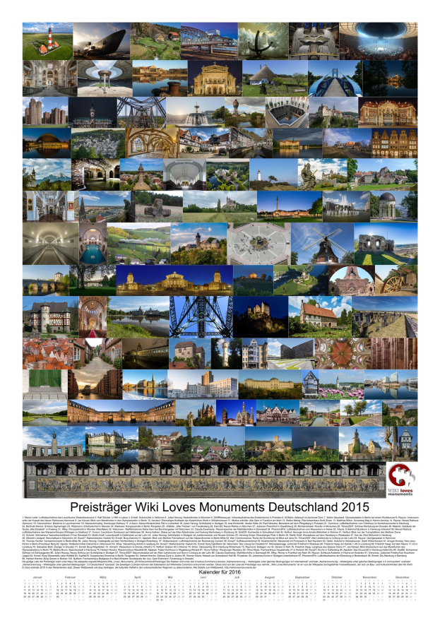 Ein deutscher Kalender aus dem Jahr 2015 mit dem Titel "Preisträger Wiki Loves Monuments Deutschland 2015", der ein Collage von Fotos von Monumenten zeigt.