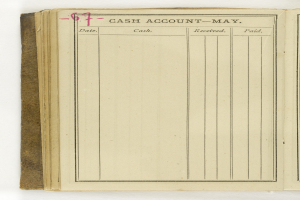 Ein offenes Hauptbuch mit einem weißen Hintergrund und einem pinken Stempel, das Text und Zahlen enthält, wahrscheinlich repräsentiert es ein Girokonto.