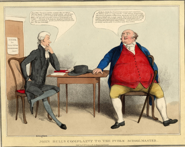 John Bull, ein Mann in historischer Kleidung, sitzt einem sitzenden Figure gegenüber an einem Tisch mit einem Hut und Papieren, gestikulierend im Gespräch; eine Tür und ein Papier an der Wand sind im Hintergrund sichtbar.