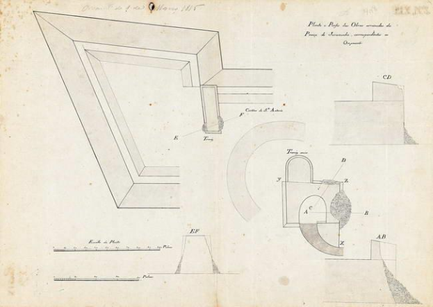 Schwarz-weißer Architekturplan einer Ecke und eines Lochs, wahrscheinlich ein 1845er Plan eines Opernhauses, mit detaillierten Skizzen und Text auf der Seite.