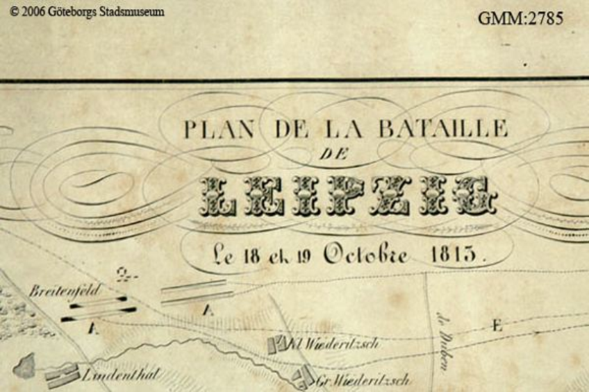 Ein detaillierter alter Plan der Schlacht von Leipzig, der verschiedene Kämpfe zeigt und mit Text über das Datum, die Uhrzeit und den Ort annotiert ist.