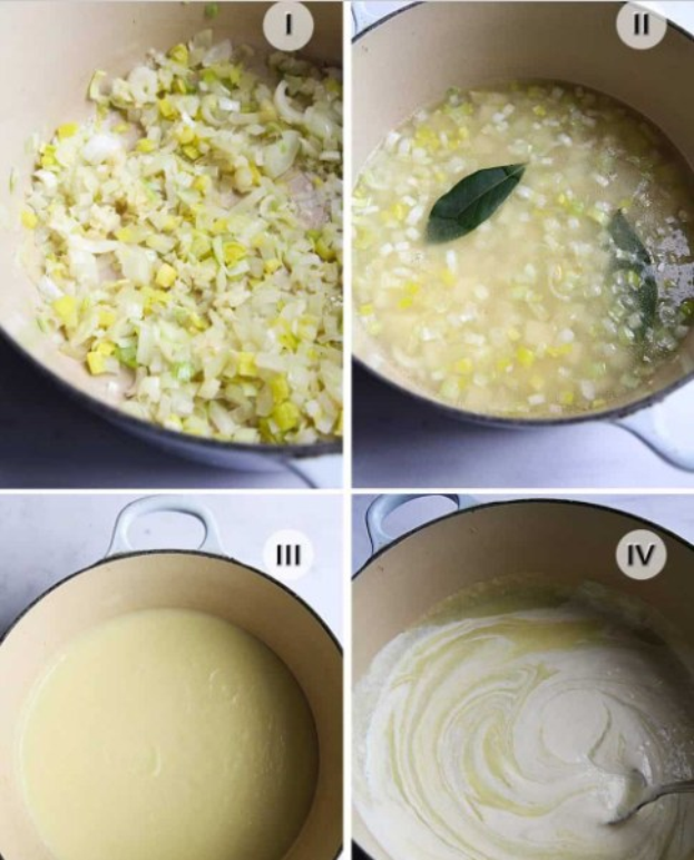 Collage aus vier Fotos, die die Zubereitung von Suppe zeigen: gewürfelte Gemüse in einer Schüssel, Zutaten, die in einen Topf gegeben werden, eine köchelnde Gemüse Mischung und eine fertige Schüssel Suppe, die serviert werden kann.