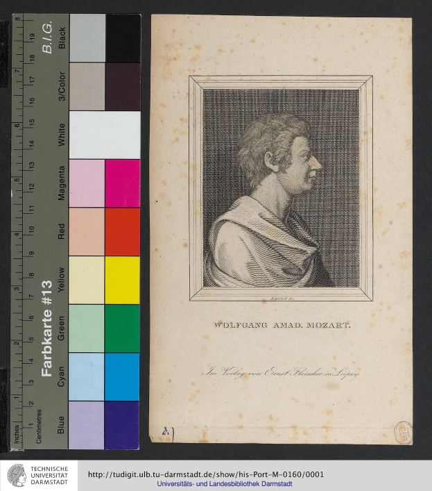 Porträt von Wolfgang Amadeus Mozart mit ernstem Gesichtsausdruck, dunklem kurzen Haar und direktem Blick, begleitet von einer Skala links und Text unten.