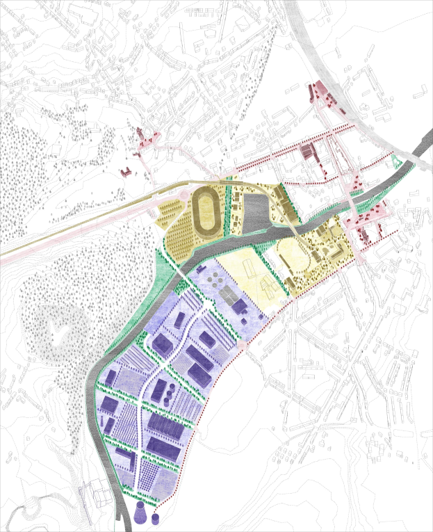 Vorgeschlagener Stadtplan für die neue Stadt London, eine farbcodierte Karte mit verschiedenen Stadtbereichen und erklärendem Text oben und unten.