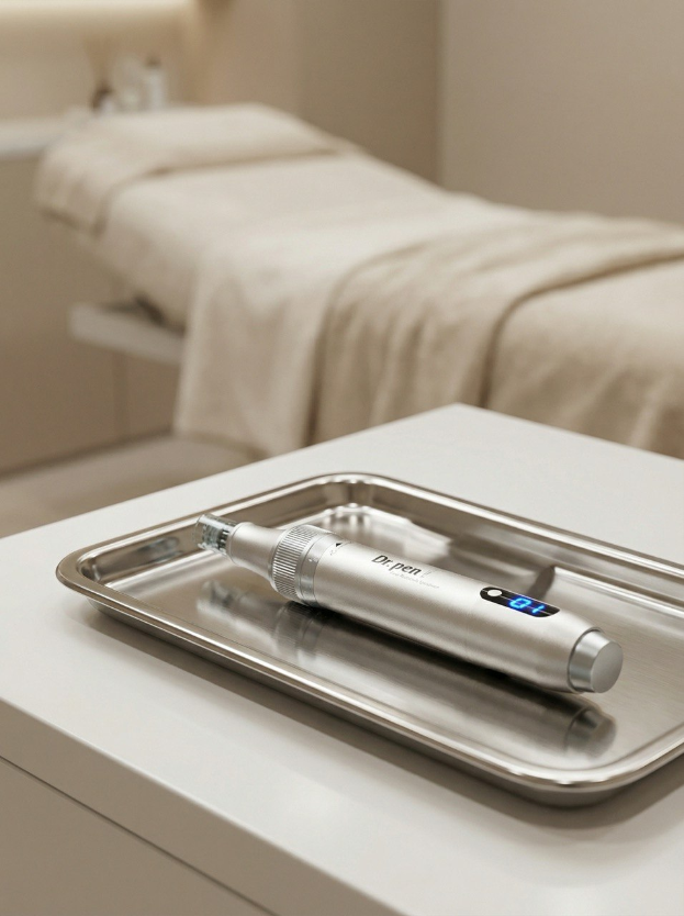 Steriles Tablett mit einem Microneedling-Gerät in einem modernen Kosmetikstudio.