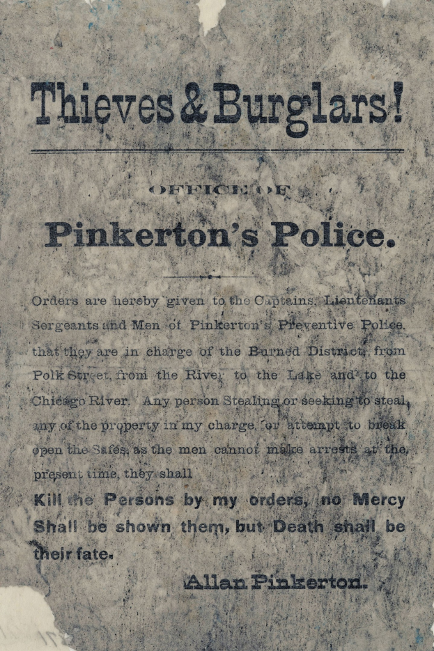 Plakat mit fetter schwarzer Schrift "Diebe & Einbrecher Pinkertons Polizei" in der Mitte auf einem weißen Hintergrund eingerahmt von einem schmalen schwarzen Rand.