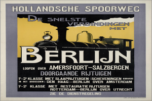 Ein Plakat, das eine Bahn in Berlin, Deutschland, bewirbt, mit einem Bild einer Bahn und Text darauf.