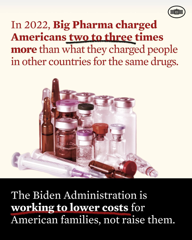 Ein Plakat mit der Aufschrift "In 2022 verlangte die Pharmaindustrie von Amerikanern zwei bis drei Mal so viel wie von Menschen in anderen Ländern für dieselben Medikamente" mit Bildern von Medikamentenflaschen und einer Spritze.
