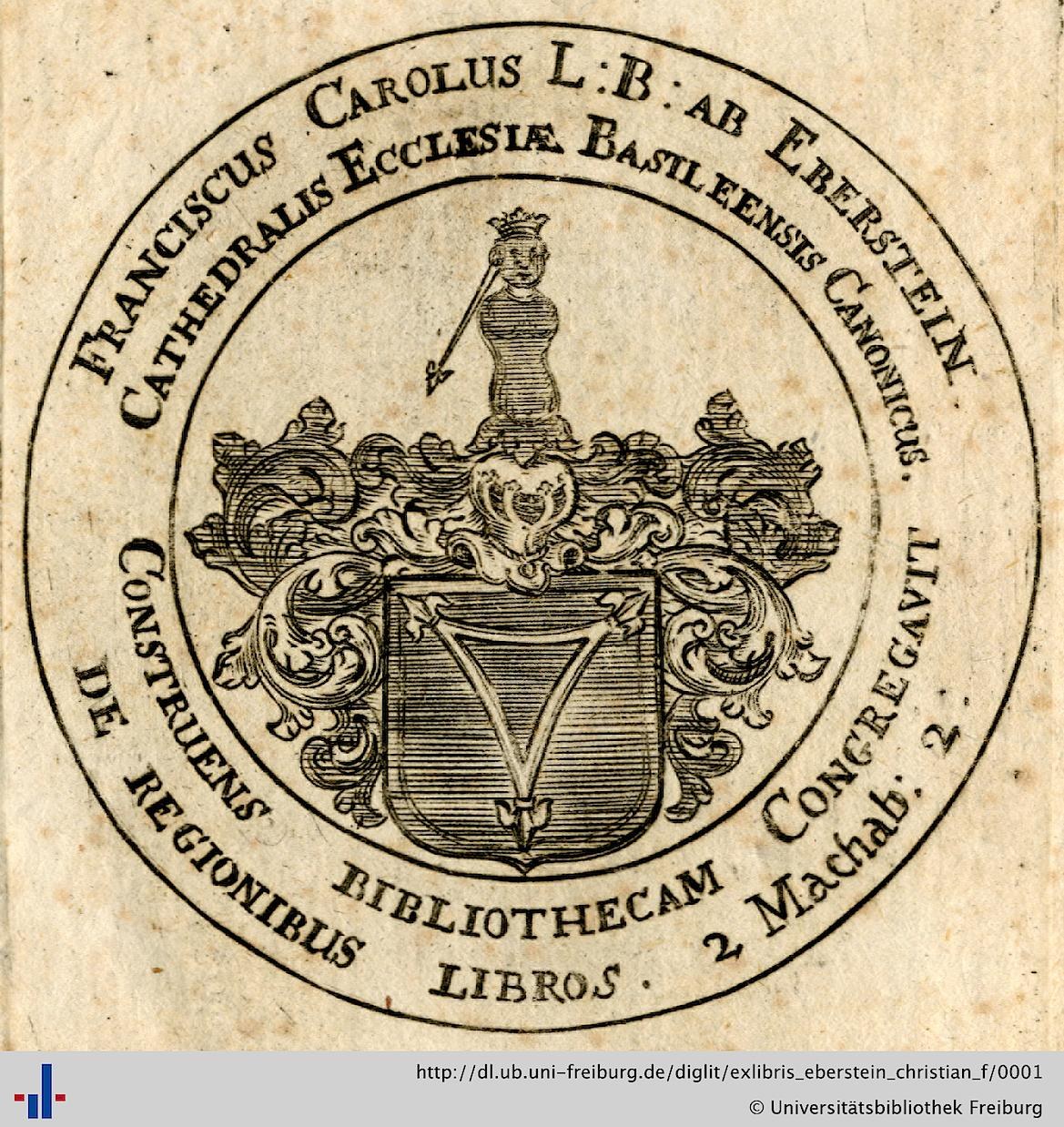 Altes Buch mit einem Wappen, das einen Schild mit einer Krone darauf zeigt, umgeben von einem Lorbeerkranz und einem Banner mit der Aufschrift "Bibliothek", sowie dem Wort "Bibliotheken" darunter.