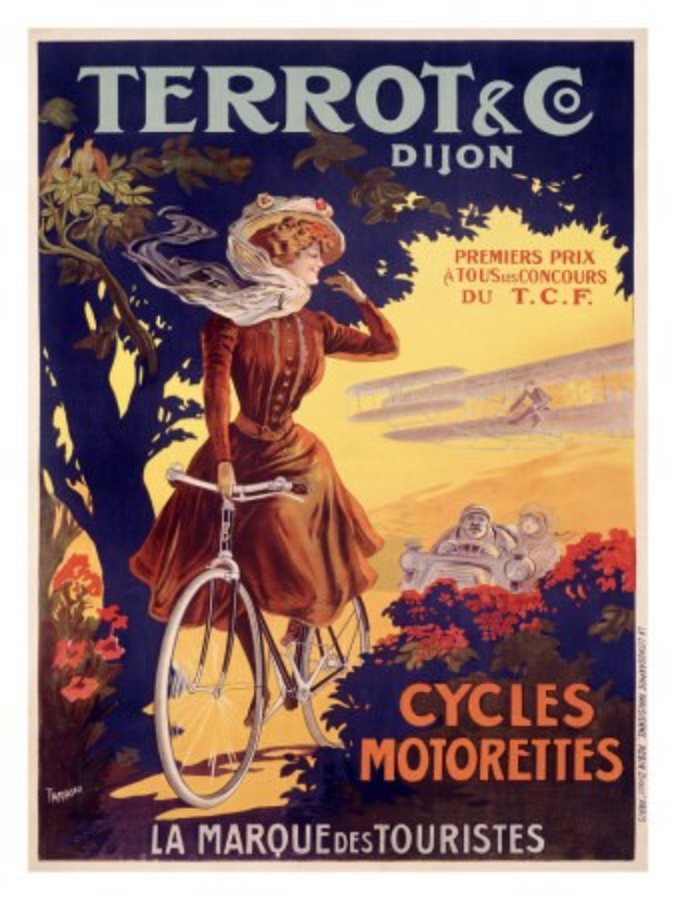Ein Plakat, das eine Radtour in Frankreich ankündigt und eine Frau auf einem Fahrrad zeigt, die zwischen Bäumen, Blumen und anderen Radfahrern fährt, mit Text, der die Tour beschreibt.