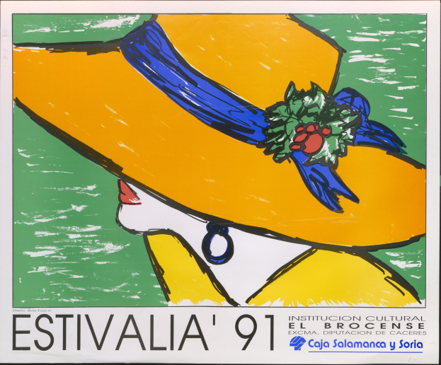 Plakat für das 91. Kunstfestival in Barcelona mit einem Bild einer Person in einer gelben Mütze mit einer blauen Schleife, die einen blauen und weißen gestreiften Schal trägt, vor einem hellblauen Himmel mit weißen Wolken.