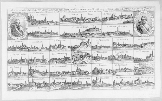Ein Schwarz-Weiß-Zeichnung von Köln, Deutschland, mit zahlreichen Gebäuden, begleitet von Text und Bildern, die die Geschichte der Stadt erzählen.