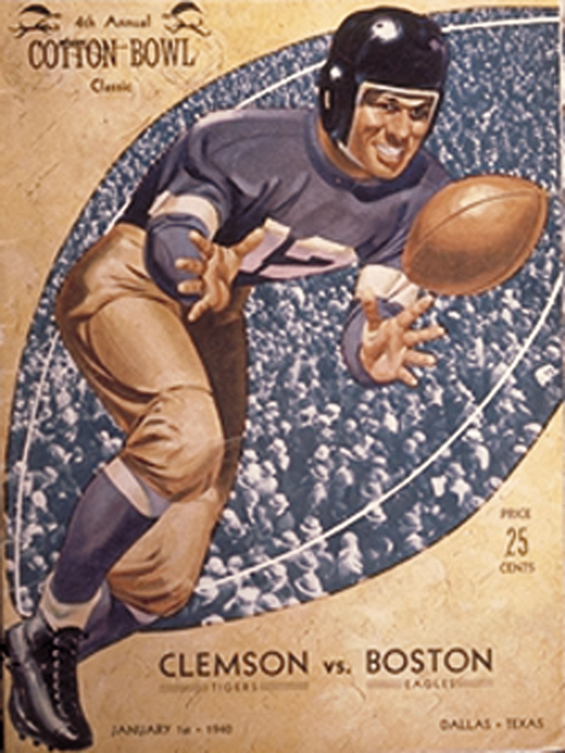Ein Plakat mit einem Fußballspieler in einem Helm, der einen Football hält, mit der Aufschrift "Cotton Bowl Cleveland vs Boston" darüber, der eine entschlossene Miene zeigt.