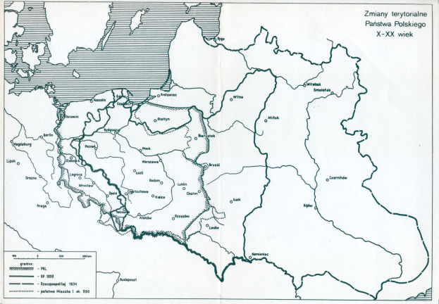 Ein Plakat mit einem detaillierten Kartenbild von Polen und dem Umfang des Polnischen Reiches, versehen mit Text und numerischen Daten.