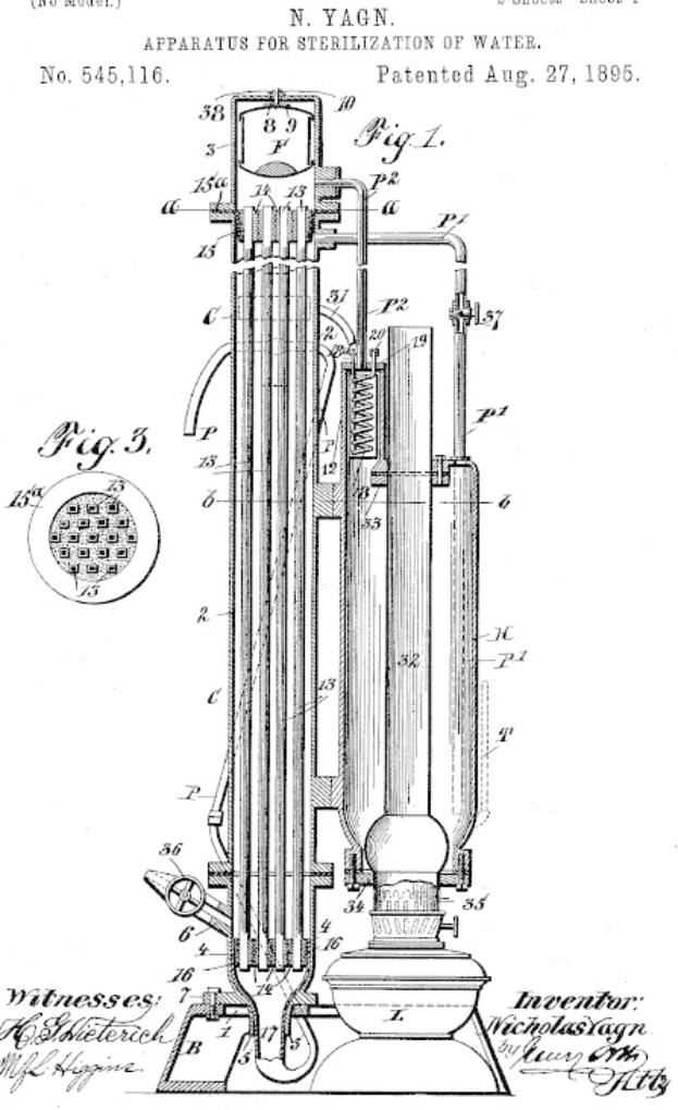 Patentzeichnung einer Vorrichtung zum Sterilisieren von Wasser, beschriftet mit "Vorrichtung zum Sterilisieren von Wasser", mit detaillierten technischen Texten und Diagrammen auf einem weißen Hintergrund.
