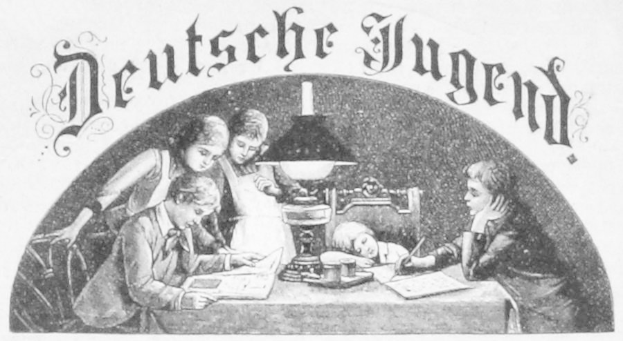 Eine Gruppe von Kindern sitzt um einen Tisch mit einer Lampe, Büchern und anderen Gegenständen. Über ihnen hängt ein schwarz-weißes Plakat mit der Aufschrift "Deutsche Jugend".