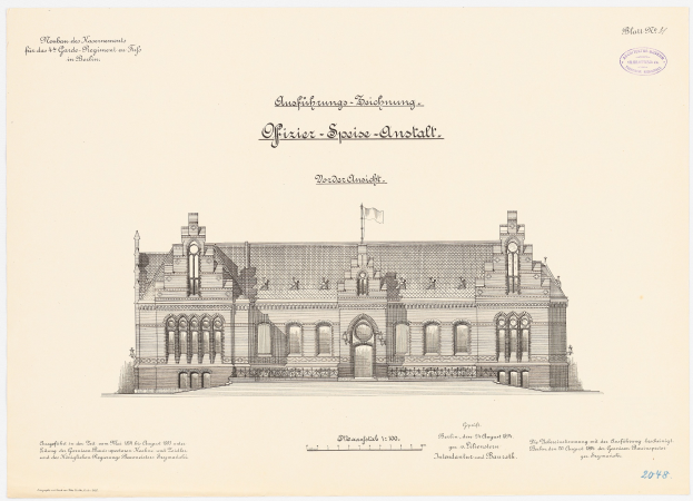 Zeichnung des Hauptsaals des Deutschen Bundestages in Berlin mit einer Flagge darauf, begleitet von Text auf demselben Papier.