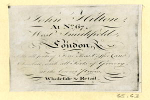 Ein Blatt Papier mit der Aufschrift "John Hilton, No. 67, West Smithfield, London".