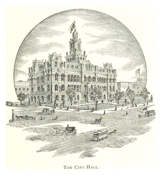 Eine Zeichnung des Philadelphia City Hall mit einem prominenten Uhrenturm, umgeben von Bäumen, Menschen und Fahrzeugen auf der Straße, mit Text unten.