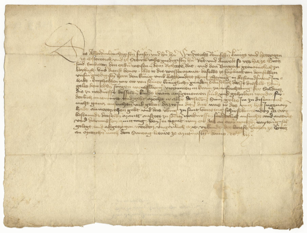 Ein vergilbtes, altes Blatt Papier mit sauberer, lesbarer Schreibschrift, das mutmaßlich ein Brief des deutschen Finanzministers an seine Frau ist.