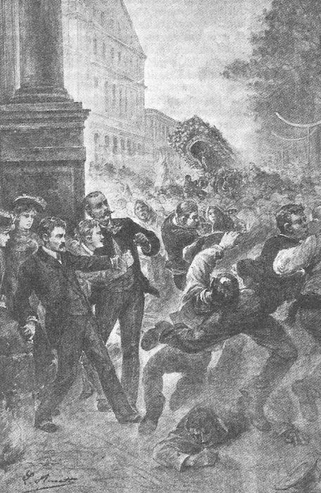 Schwarz-weiß-Zeichnung einer Gruppe von Menschen auf einer Straße mit einer Säule, Bäumen und einem Gebäude im Hintergrund, betitelt "Victor Hugo Münster - Die Massaker von London" unten.