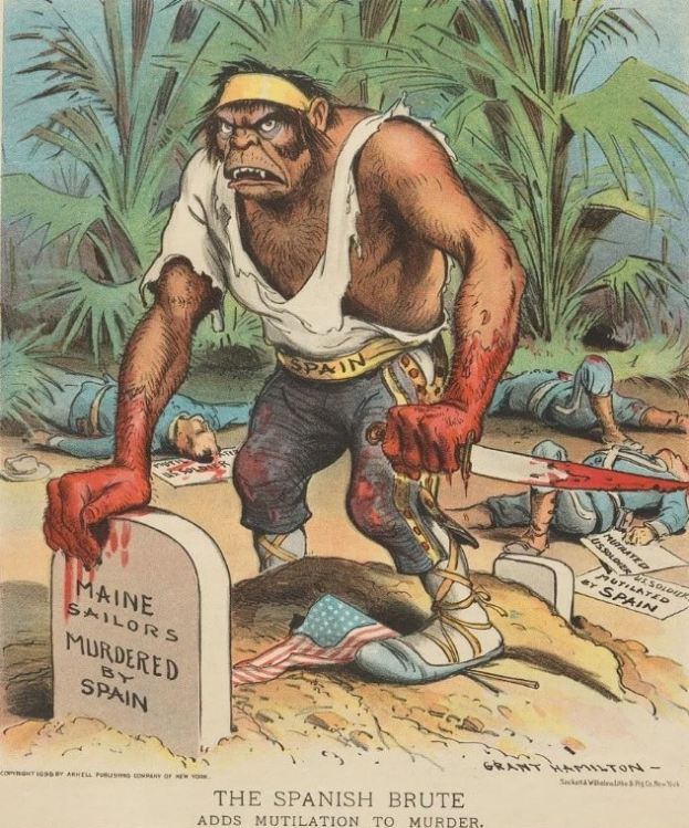 Zeichnung eines Mannes mit einem Messer, der über ein Grab mit Text steht, umgeben von liegenden Menschen und Bäumen, mit der überschrift "Der spanische Grobian fügt Verstümmelung zum Mord hinzu" unten.