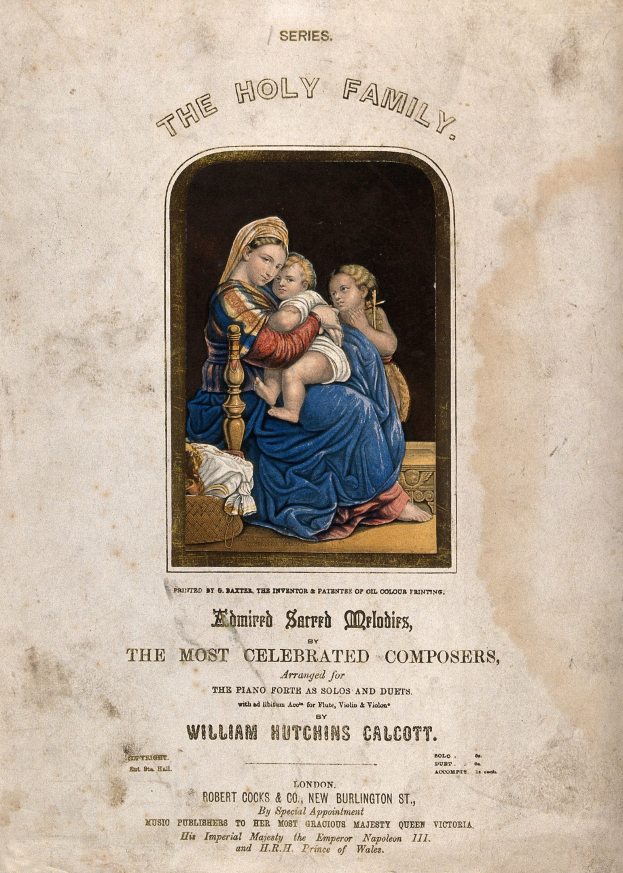 Ein altes Buch mit einem Coverbild einer Frau, die ein Baby hält, beide mit warmherzigen und liebevollen Gesichtern, betitelt mit "Die Heilige Familie".