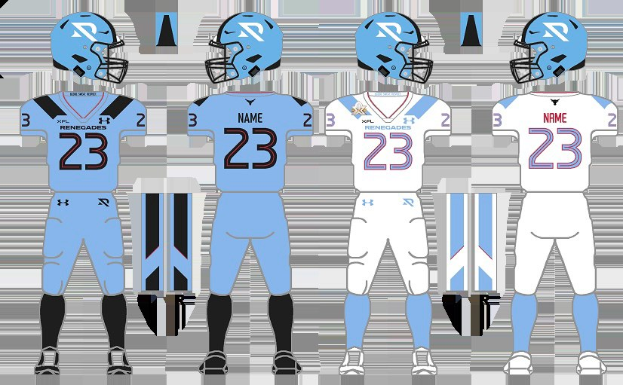 Ein Fußballtrikot in Blau-Weiß mit einem T-Shirt, Shorts und einem Helm, das vor einem weißen Hintergrund mit begleitendem Text dargestellt wird.