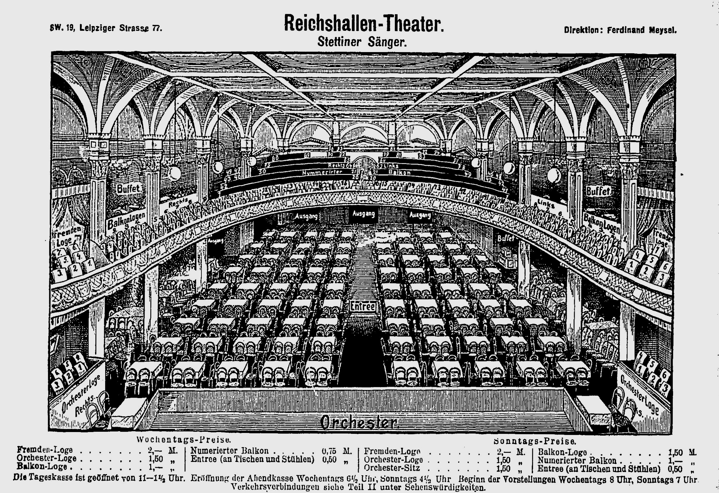 Schwarzes und weißes Bild des Reichshallen Theaters in Berlin, das das Auditorium mit Sitzreihen, Säulen und einer Decke zeigt, mit Text unten.