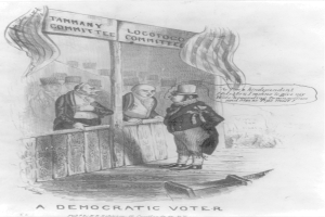 Ein Mann im Anzug steht selbstbewusst vor einer Tür, die mit "Ein demokratischer Wähler" beschriftet ist und ist bereit zu wählen.