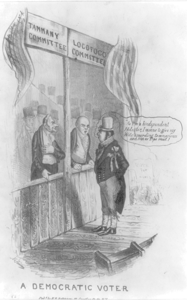 Ein Mann im Anzug steht selbstbewusst vor einer Tür, die mit "Ein demokratischer Wähler" beschriftet ist und ist bereit zu wählen.