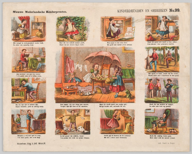 Ein offenes altes Buch mit Text und Illustrationen von Kindern, die in einem sonnigen, grünen Garten mit Bäumen und Sträuchern spielen.