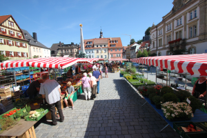 Ein lebendiger Markt im alten Stadtkern von Heidelberg mit Menschen, die umhergehen, sitzen und stehen, zwischen Zelten mit Körben voller Gemüse, vor einer Kulisse aus Gebäuden, Bäumen und einem klaren blauen Himmel.