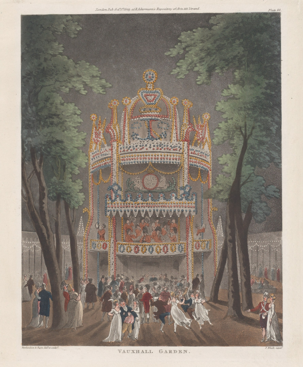 Gemälde einer Karussell in Vauxhall Gardens, London, 1775, umgeben von Bäumen und Menschen, mit Text unten.