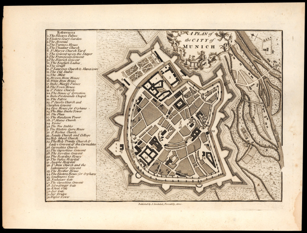 Ausführliche alte Karte von München, Deutschland, auf schwarzem Hintergrund, die Straßen, Gebäude und Sehenswürdigkeiten mit beschrifteten Text zeigt.