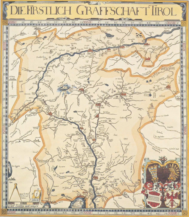 Ein historisches Plakat der ersten Grafschaft Tirol-Karte, mit geografischen Details wie Flüssen, Bergen und Städten, sowie begleitendem Text über die Region und ihre Bewohner.