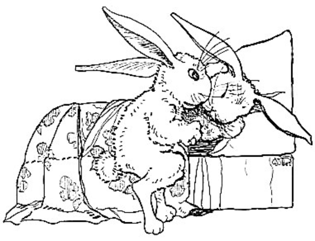 Schwarze und weiße Linienzeichnung von zwei Hasen, die auf einem Sofa sitzen und von Ostereier-Malvorlagen umgeben sind.