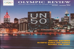 Ein Buch mit dem Titel "Olympic Review Official Publication of the Olympic Movement" liegt auf einer flachen Oberfläche und zeigt auf dem Cover eine Stadtlandschaft mit Gebäuden, Lichtern und Wasser, wobei der Text "United Nations Olympic Games and Women Science and Sport" ebenfalls sichtbar ist.