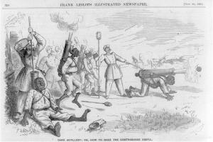 Ein Schwarz-Weiß-Cartoon von Männern in einem Feld, einige halten Gewehre und andere liegen am Boden, mit dem Text "Dunkle Artillerie oder Wie man die Kontrabandware nutzt" oben und unten.