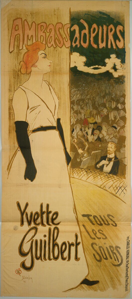 Plakat, das ein Konzert mit Yvette Guilbert ankündigt, mit einer Frau in einem weißen Kleid vor einer Menge und Text, der das Ereignis beschreibt.