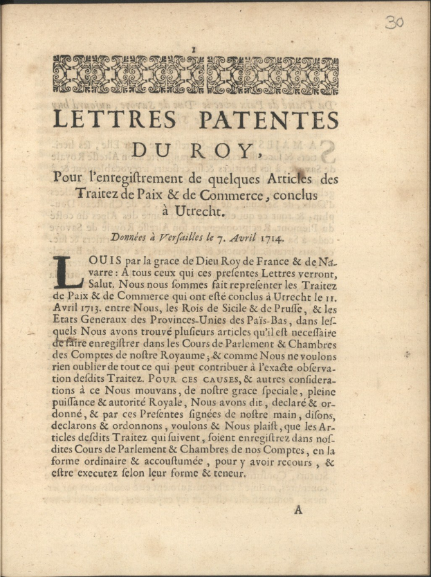 Offenes Buch mit dem Titel "Letters Patentes du Roy" mit fetter Schrift und einem aufwändigen Design auf der sichtbaren Seite.