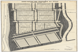 Ein altes Stadtplan von einer Stadt mit zahlreichen Gebäuden und einem Stadtplan, mit beschreibendem Text über die Stadtlayout.