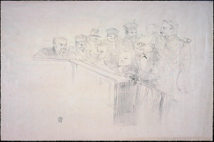 Eine Zeichnung einer Gruppe von Menschen in einer Gerichtssituation, die an einem mit Papieren bedeckten Tisch sitzen, mit verschiedenen Gesichtsausdrücken, umgeben von einem schwarzen Rand.