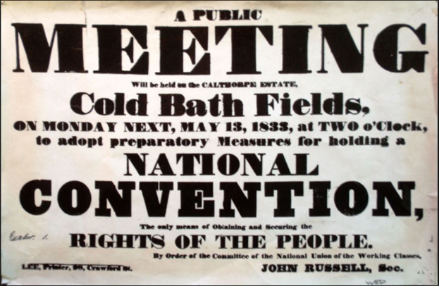 Schwarzer und weißer Plakat mit der Aufschrift "Öffentliche Versammlung, Cold Bath Fields, National Convention, Rechte des Volkes."