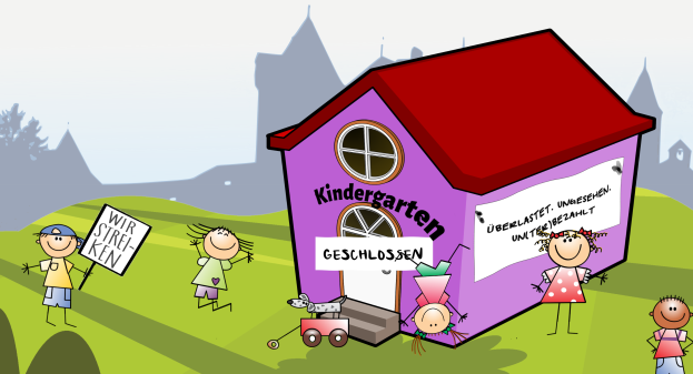 Eine Gruppe strahlender Kinder steht vor einem lila Haus mit einer 'Kindergarten'-Schilder, umgeben von grünem Gras, hohen Bäumen und unter einem klaren blauen Himmel.
