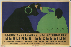 Ein Plakat der Berliner Secession mit einer Frau in grünem Kleid und einem Mann in schwarzem Anzug, mit Text zur Beschreibung des Ereignisses.