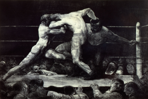 Schwarz-weiß-Zeichnung von zwei Boxern im Ring, einer schlägt den anderen, mit einer jubelnden Menge im Hintergrund.